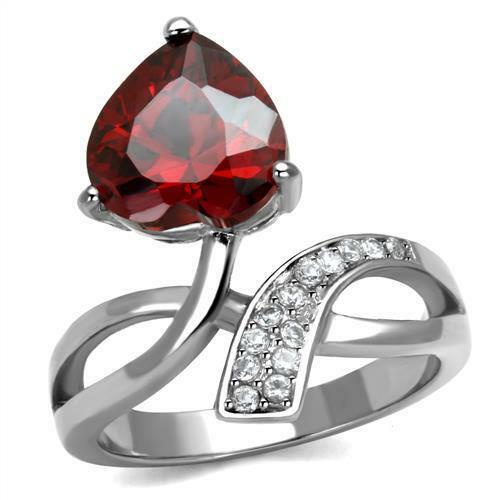 Jewellery Kingdom Red Garnet Heart Cz Stainless Steel 2 Carat Ring (Silver) - Jewelry Rings - British D'sire