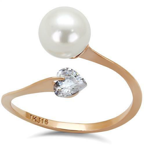 Jewellery Kingdom Rose Pearl Ladies Heart Cz Elegant Steel Gold Ring - Jewelry Rings - British D'sire Main image