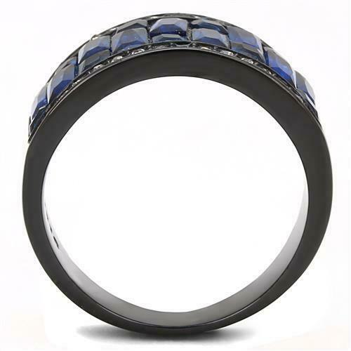 Jewellery Kingdom Sapphire Blue Cubic Zirconia Emerald Princess Stainless Steel Ladies Black Band Ring - Jewelry Rings - British D'sire