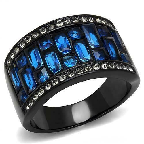 Jewellery Kingdom Sapphire Blue Cubic Zirconia Emerald Princess Stainless Steel Ladies Black Band Ring - Jewelry Rings - British D'sire Main image