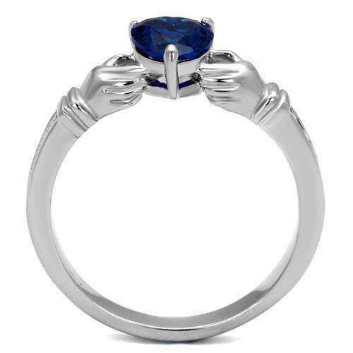 Jewellery Kingdom Sapphire Claddagh Heart Cz Stainless Steel Irish Celtic Silver Ring - Jewelry Rings - British D'sire Main image