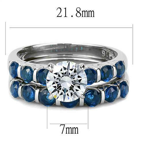 Jewellery Kingdom Sapphire Wedding Band Engagement Set Blue Cz Solitaire Stainless Steel Ring - Jewelry Rings - British D'sire Main image