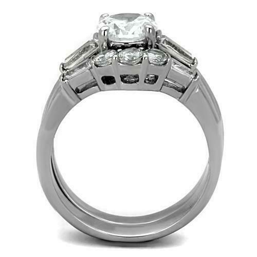 Jewellery Kingdom Set Engagement Wedding Band Stainless Steel Baguettes Ring (Silver) - Engagement Rings - British D'sire