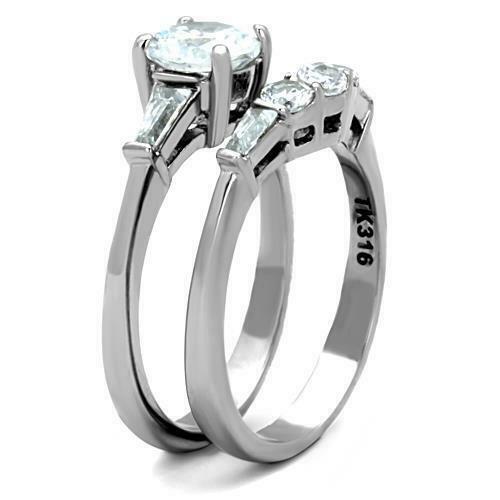 Jewellery Kingdom Set Engagement Wedding Band Stainless Steel Baguettes Ring (Silver) - Engagement Rings - British D'sire