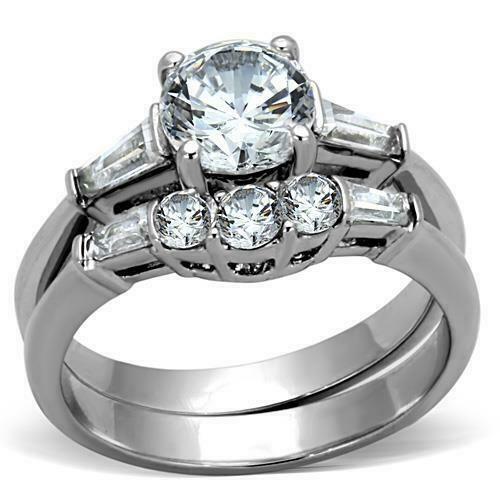 Jewellery Kingdom Set Engagement Wedding Band Stainless Steel Baguettes Ring (Silver) - Engagement Rings - British D'sire