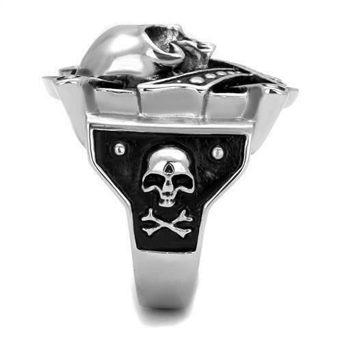 Jewellery Kingdom Signet Biker Goth Black Stainless Steel Chunky Mens Skull Ring (Silver) - Rings - British D'sire