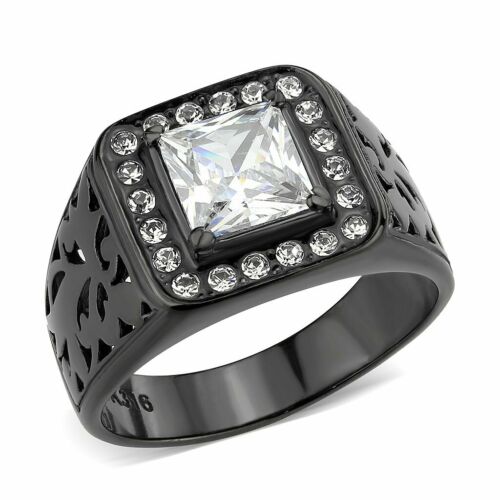Jewellery Kingdom Signet Cubic Zirconia Pinky Square Princess Stainless Steel Mens Black Ring - Jewelry Rings - British D'sire Main image