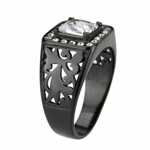 Jewellery Kingdom Signet Cubic Zirconia Pinky Square Princess Stainless Steel Mens Black Ring - Jewelry Rings - British D'sire
