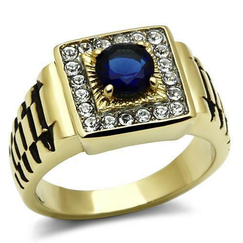 Jewellery Kingdom Signet Pinky 1CT Cubic Zirconia Steel Mens Sapphire Ring (Blue & Gold) - Jewelry Rings - British D'sire Main image