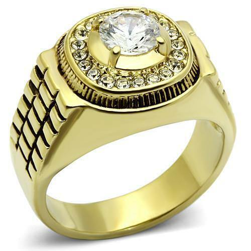 Jewellery Kingdom Signet Pinky 3CT Steel Cubic Zirconia Designer Mens Gold Ring - Jewelry Rings - British D'sire Main image