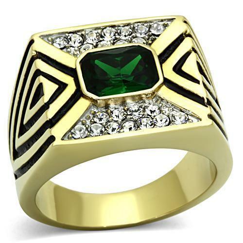 Jewellery Kingdom Signet Pinky Bezel Cubic Zirconia Steel Mens Gold Emerald Ring - Jewelry Rings - British D'sire Main image