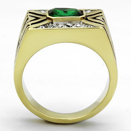 Jewellery Kingdom Signet Pinky Bezel Cubic Zirconia Steel Mens Gold Emerald Ring - Jewelry Rings - British D'sire