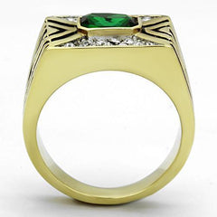 Jewellery Kingdom Signet Pinky Bezel Cubic Zirconia Steel Mens Gold Emerald Ring - Jewelry Rings - British D'sire