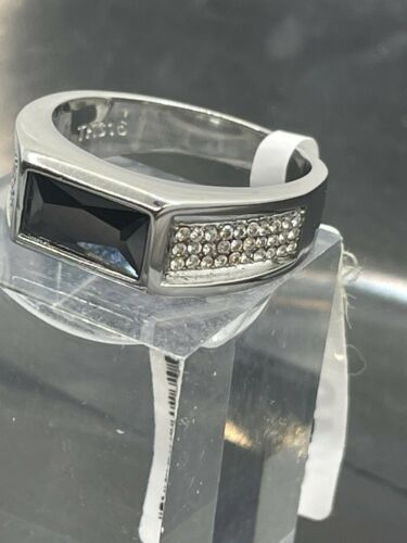 Jewellery Kingdom Signet Pinky Emerald Cut Lab Created Mens Silver Black Diamond Ring - Jewelry Rings - British D'sire