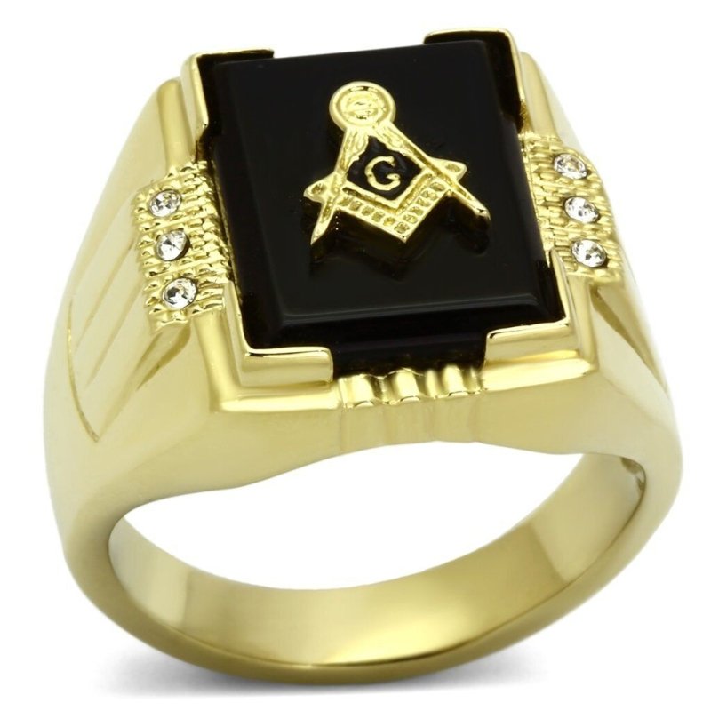 Jewellery Kingdom Signet Pinky Masonic Military Black Cubic Zirconia 18kt Stainless Steel Mens Gold Ring - Mens Jewellery - British D'sire Main image