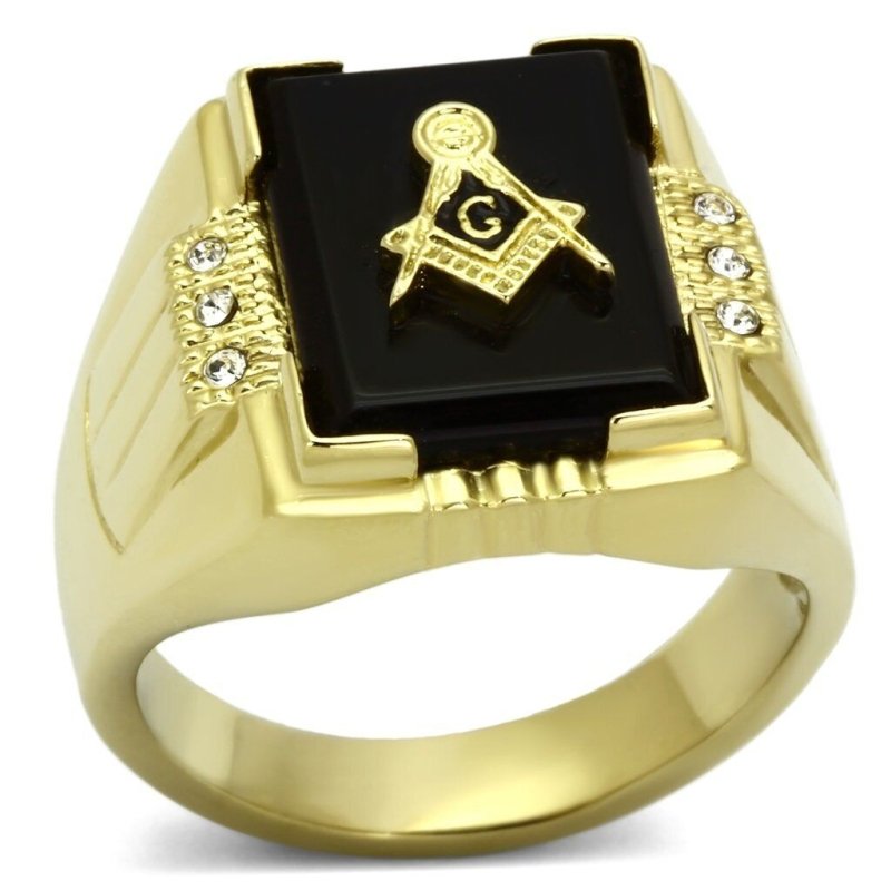 Jewellery Kingdom Signet Pinky Masonic Military Black Cubic Zirconia 18kt Stainless Steel Mens Gold Ring - Mens Jewellery - British D'sire