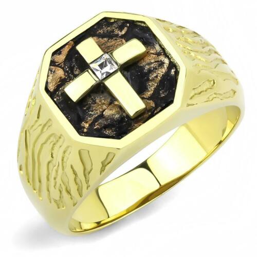 Jewellery Kingdom Signet Pinky Simulated Diamond Princess Square Steel Mens Cross Ring (Gold) - Jewelry Rings - British D'sire Main image