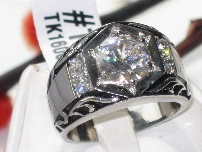 Jewellery Kingdom Signet Pinky Solitaire Simulated Diamonds Steel Mens Ring (Silver) - Jewelry Rings - British D'sire