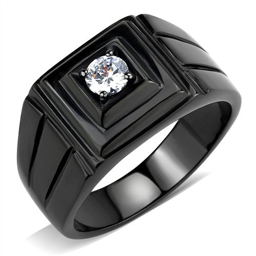 Jewellery Kingdom Signet Solitaire Cubic Zirconia Pinky Stainless Steel Mens Ring (Black) - Rings - British D'sire Main image