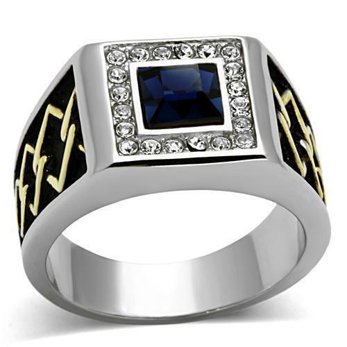 Jewellery Kingdom Signet Stainless Steel Gold Square Blackened Cubic Zirconia Mens Sapphire Ring (Blue) - Jewelry Rings - British D'sire Main image