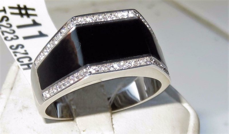Jewellery Kingdom Signet Sterling Silver 925 Jet Onyx Stamped CZ Pinky Mens Black Ring - Jewelry Rings - British D'sire