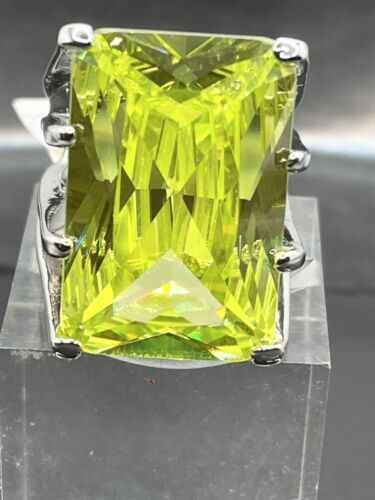 Jewellery Kingdom Silver Cubic Zirconia Emerald Cut 19CT Cocktail Light Peridot Big Bold Ladies Green Ring - Jewelry Rings - British D'sire