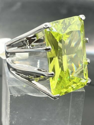 Jewellery Kingdom Silver Cubic Zirconia Emerald Cut 19CT Cocktail Light Peridot Big Bold Ladies Green Ring - Jewelry Rings - British D'sire