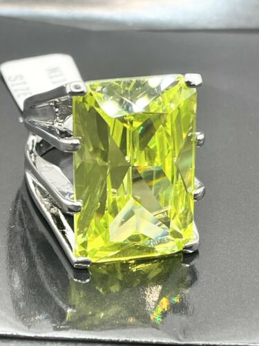 Jewellery Kingdom Silver Cubic Zirconia Emerald Cut 19CT Cocktail Light Peridot Big Bold Ladies Green Ring - Jewelry Rings - British D'sire