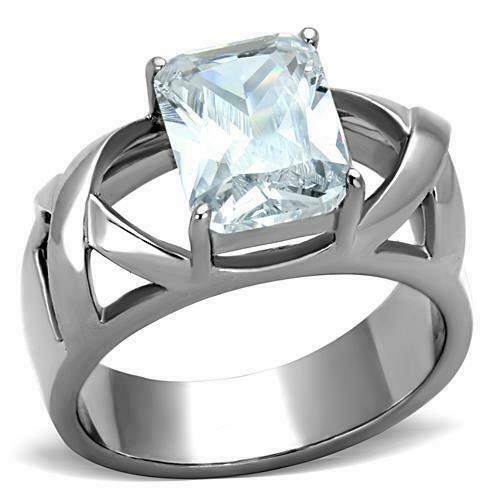 Jewellery Kingdom Silver Emerald Cut Cubic Zirconia Stainless Steel Ladies Solitaire Ring - Jewelry Rings - British D'sire Main image