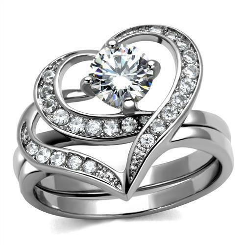 Jewellery Kingdom Silver Heart Shape Ring Set Engagement Band Wedding Stainless Steel - Jewelry Rings - British D'sire