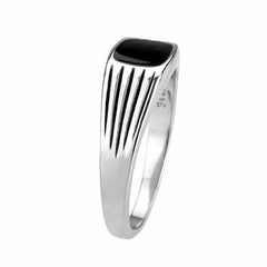 Jewellery Kingdom Silver Signet Pinky Epoxy Jet Stainless Steel Smart Classy Mens Black Ring - Jewelry Rings - British D'sire