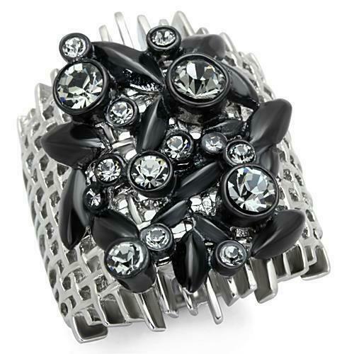 Jewellery Kingdom Silver Stainless Steel Cubic Zirconia Bezel Wide Weave Ladies Black Ring - Jewelry Rings - British D'sire