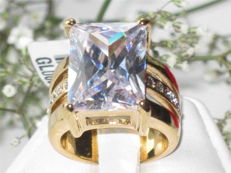Jewellery Kingdom Simulated Diamond Emerald Cut Chunky Ladies Cocktail Ring (Gold) - Jewelry Rings - British D'sire Main image