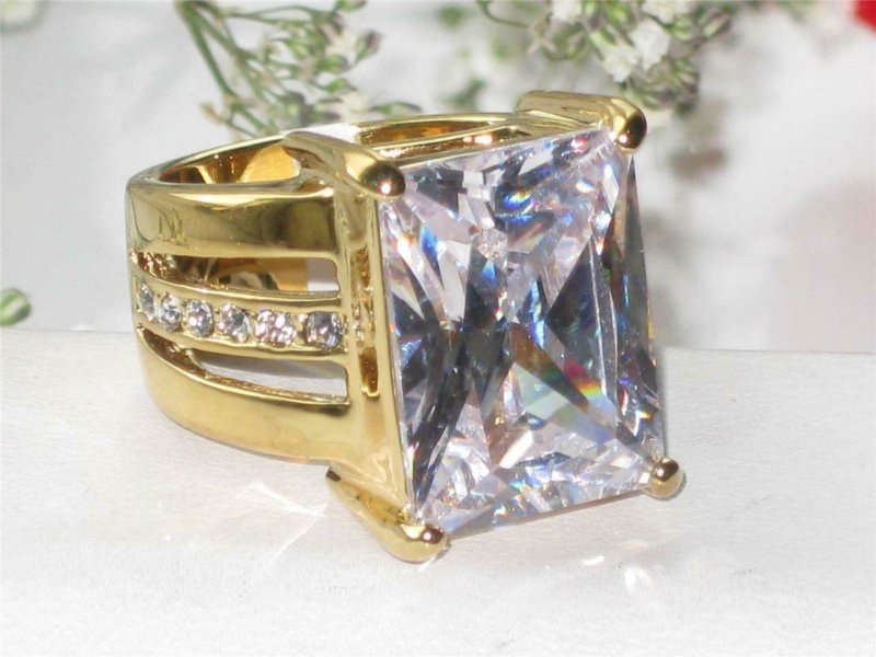 Jewellery Kingdom Simulated Diamond Emerald Cut Chunky Ladies Cocktail Ring (Gold) - Jewelry Rings - British D'sire