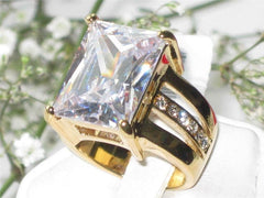 Jewellery Kingdom Simulated Diamond Emerald Cut Chunky Ladies Cocktail Ring (Gold) - Jewelry Rings - British D'sire