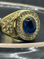 Jewellery Kingdom Simulated Diamonds Blue Signet Pinky Steel Oval Chunky Mens Sapphire Gold Ring - Jewelry Rings - British D'sire