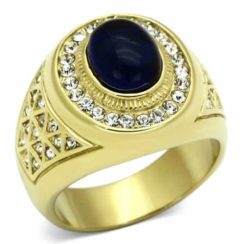 Jewellery Kingdom Simulated Diamonds Blue Signet Pinky Steel Oval Chunky Mens Sapphire Gold Ring - Jewelry Rings - British D'sire