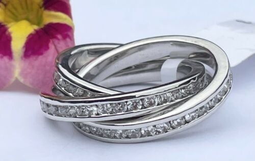 Jewellery Kingdom Simulated Diamonds Channel Interlocking Russian Wedding Band Ring (Silver) - Jewelry Rings - British D'sire