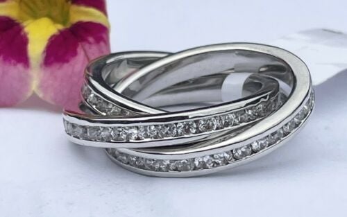 Jewellery Kingdom Simulated Diamonds Channel Interlocking Russian Wedding Band Ring (Silver) - Jewelry Rings - British D'sire