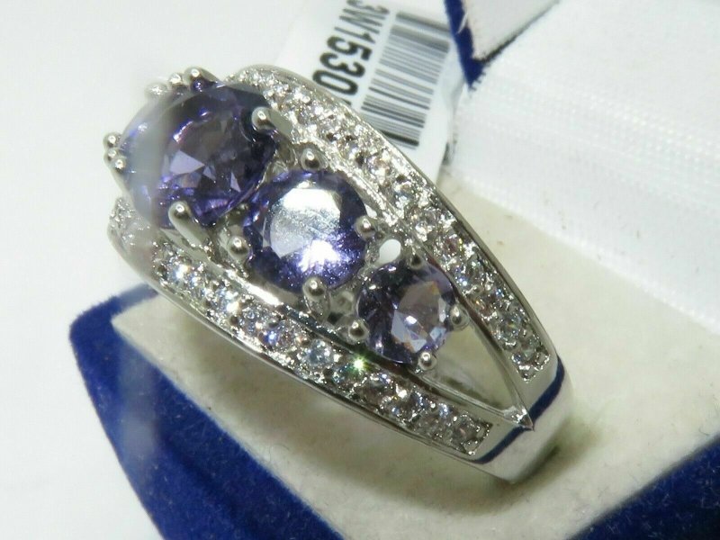 Jewellery Kingdom Simulated Diamonds Eternity Rhodium Ladies Ring Band (Silver & Purple) - Jewelry Rings - British D'sire