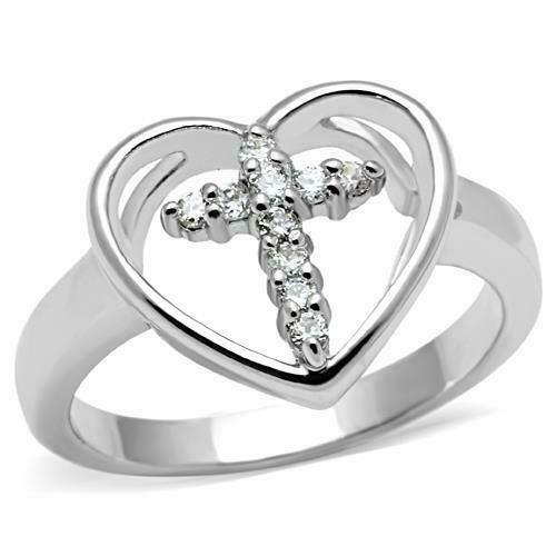 Jewellery Kingdom Simulated Diamonds Flat Ladies Elegant Pretty Hear Cross Ring - Jewelry Rings - British D'sire Main image