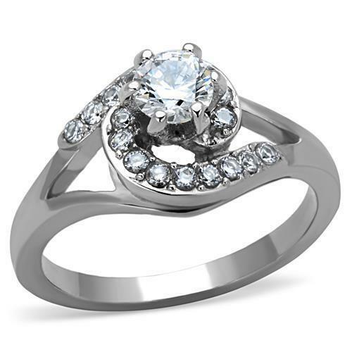 Jewellery Kingdom Solitaire Accents Ladies Swirl Engagement Cubic Zirconia Stainless Steel Ring (Silver) - Jewelry Rings - British D'sire Main image