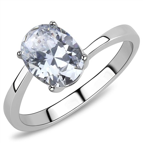 Jewellery Kingdom Solitaire Cubic Zirconia Stainless Steel Oval Ladies Ring (Silver) - Rings - British D'sire Main image