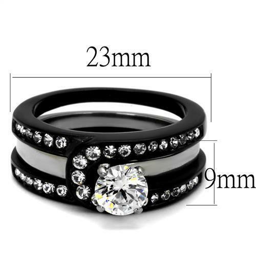 Jewellery Kingdom Solitaire Guard CZ Stainless Steel Ladies Engagement Wedding Ring Set (Black) - Engagement Rings - British D'sire