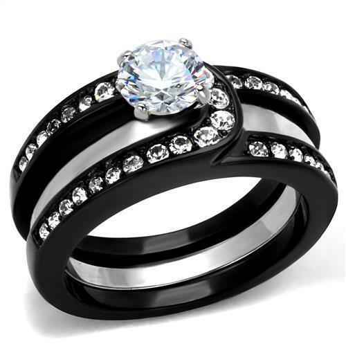 Jewellery Kingdom Solitaire Guard CZ Stainless Steel Ladies Engagement Wedding Ring Set (Black) - Engagement Rings - British D'sire Main image