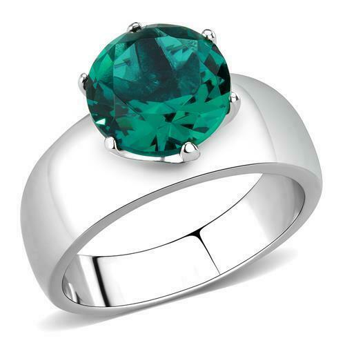Jewellery Kingdom Solitaire Stainless Steel Ladies Emerald Zircon Ring (Silver & Green) - Rings - British D'sire Main image