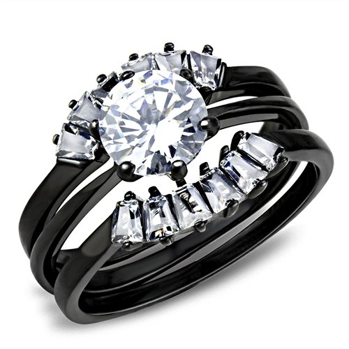 Jewellery Kingdom Solitaire Stainless Steel Ladies Engagement Wedding Bands Ring Set (Black ) - Rings - British D'sire