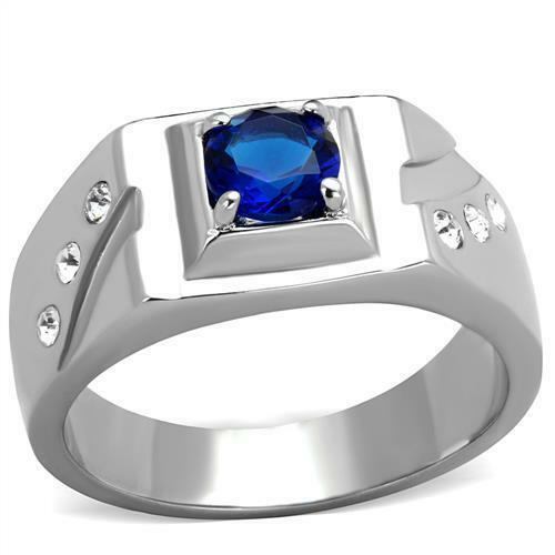 Jewellery Kingdom Solitaire Stainless Steel Signet Pinky CZ Mens Sapphire Ring (Blue) - Rings - British D'sire