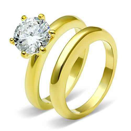 Jewellery Kingdom Solitaire Steel Wedding Band CZ Ladies Ring Set (Gold) - Jewelry Rings - British D'sire Main image