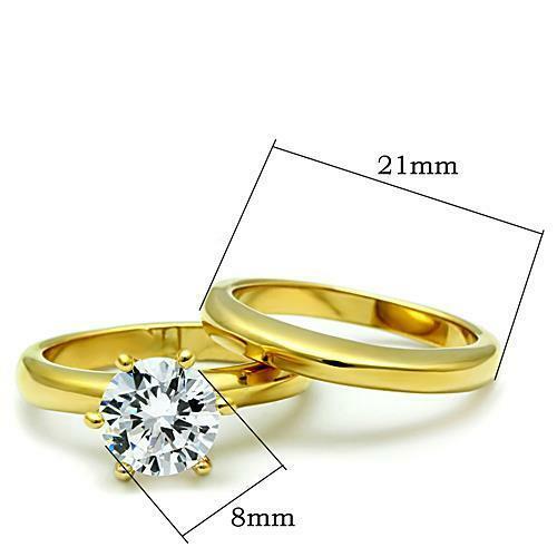 Jewellery Kingdom Solitaire Steel Wedding Band CZ Ladies Ring Set (Gold) - Jewelry Rings - British D'sire